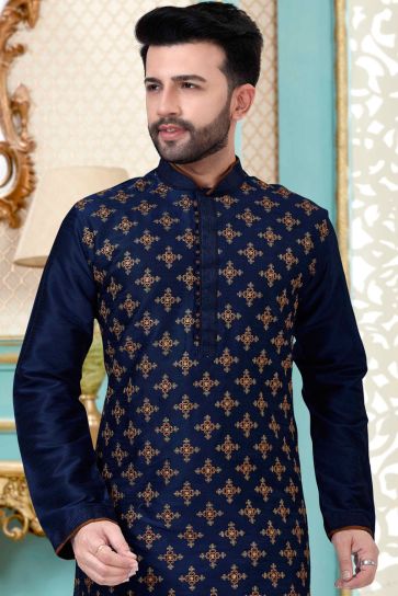 Wedding Wear Dhupion Silk Fabric Embroidered Work Kurta Pyjama For Men In Navy Blue Color