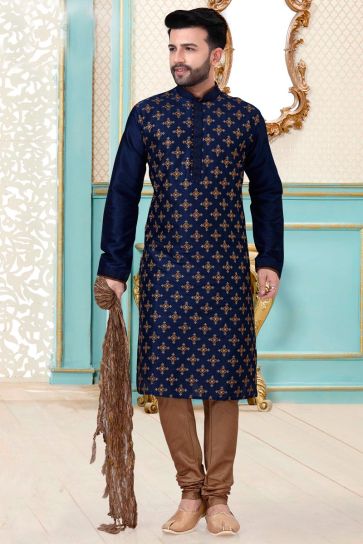 Wedding Wear Dhupion Silk Fabric Embroidered Work Kurta Pyjama For Men In Navy Blue Color