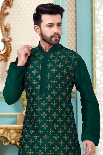Wedding Wear Embroidered Work Green Color Kurta Pyjama For Men In Dhupion Silk Fabric
