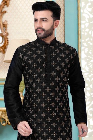 Vintage Black Color Dhupion Silk Fabric Wedding Wear Embroidered Work Kurta Pyjama For Men