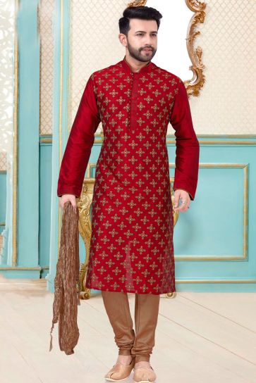 Brilliant Wedding Wear Dhupion Silk Fabric Red Color Embroidered Work Kurta Pyjama For Men