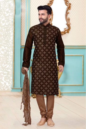 Radiant Brown Color Wedding Wear Embroidered Work Kurta Pyjama For Men In Dhupion Silk Fabric