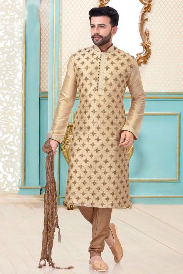 Awesome Dhupion Silk Fabric Cream Color Wedding Wear Embroidered Work Kurta Pyjama For Men
