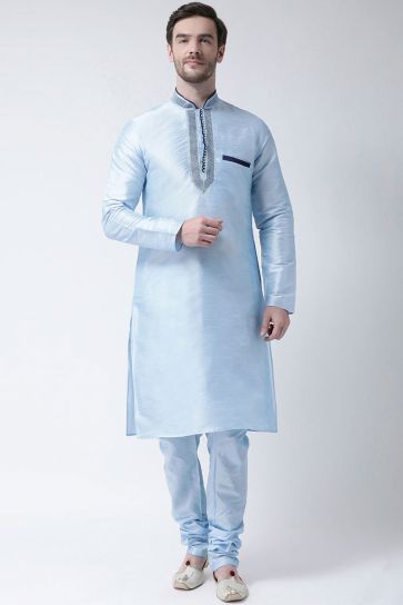 Sky Blue Color Dhupion Silk Fabric Redaymade Kurta Pyjama