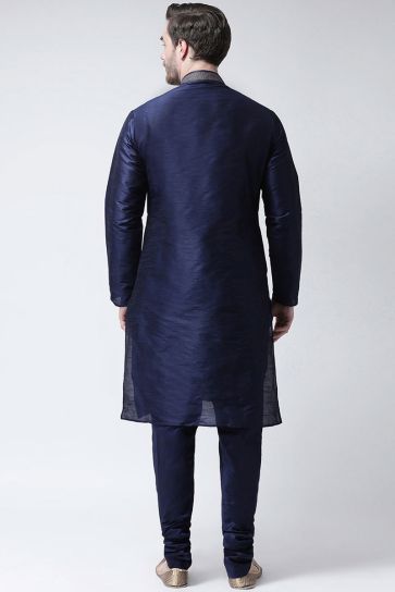 Classic Sangeet Wear Dhupion Silk Fabric Navy Blue Color Kurta Pyjama