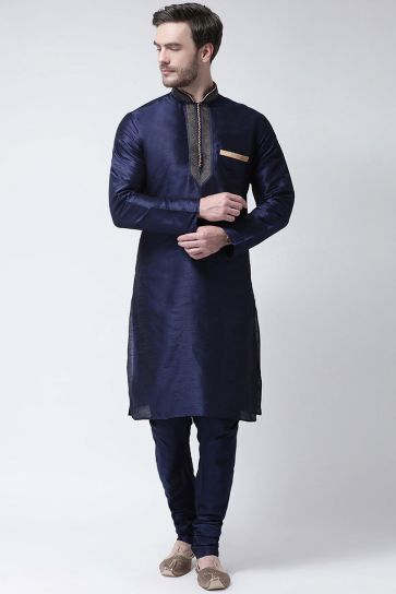 Classic Sangeet Wear Dhupion Silk Fabric Navy Blue Color Kurta Pyjama