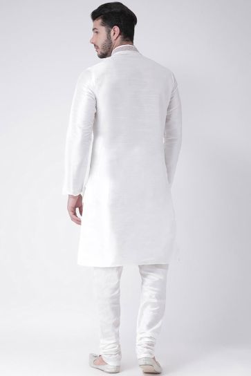 Sangeet Wear Dhupion Silk Fabric White Color Kurta Pyjama