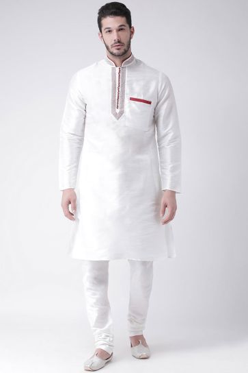Sangeet Wear Dhupion Silk Fabric White Color Kurta Pyjama