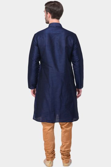 Radiant Navy Blue Color Sangeet Wear Kurta Pyjama In Dhupion Silk Fabric