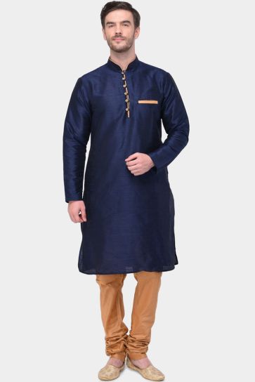 Radiant Navy Blue Color Sangeet Wear Kurta Pyjama In Dhupion Silk Fabric