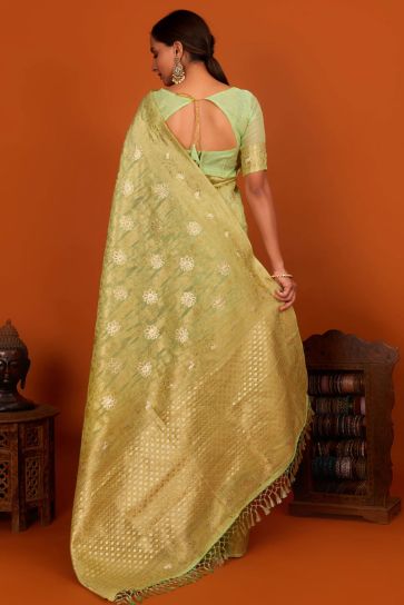 Festive Wear Sea Green Color Cotton Fabric Weaving Work Saree