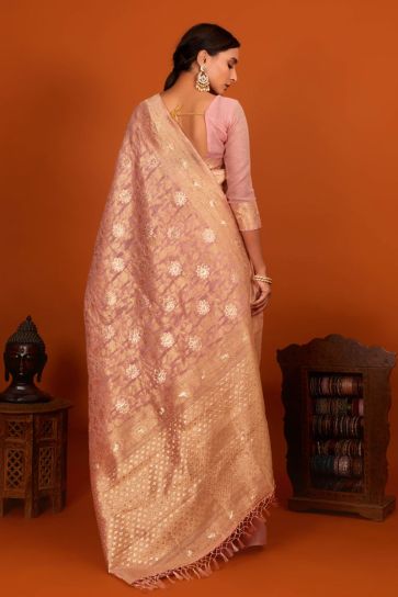Pink Color Cotton Fabric Saree With Elegant Weaving Work