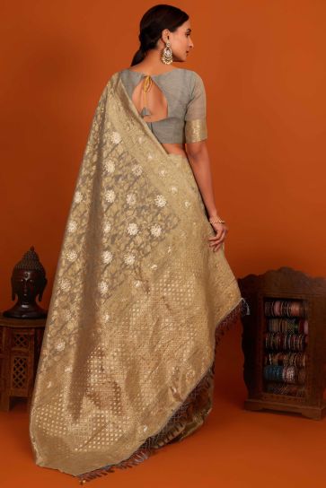 Cotton Fabric Attractive Grey Color Saree With Weaving Work