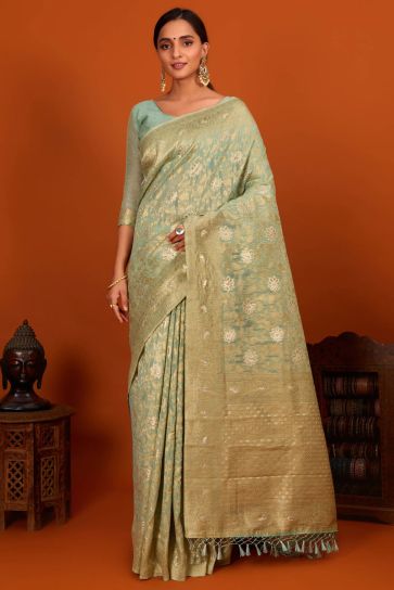 Beautiful Sea Green Color Cotton Fabric Saree With Weaving Work