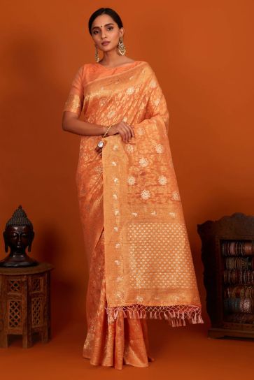 Cotton Fabric Orange Color Saree With Weaving Work