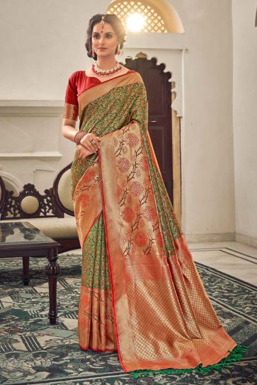 Weaving Work On Green Color Banarasi Style Festive Wear Art Silk Two Tone Saree