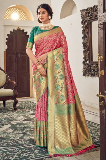 Banarasi Style Pink Color Art Silk Fabric Two Tone Saree With Weaving Work