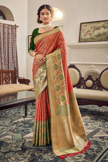 Red Color Weaving Work On Banarasi Style Art Silk Festive Wear Two Tone Saree