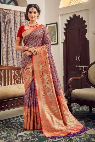 Weaving Work On Purple Color Banarasi Style Art Silk Festive Wear Two Tone Saree