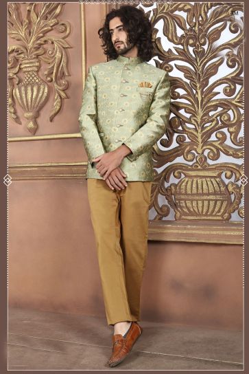 Reception Wear Art Silk Fabric Sea Green Color Jodhpuri Suit