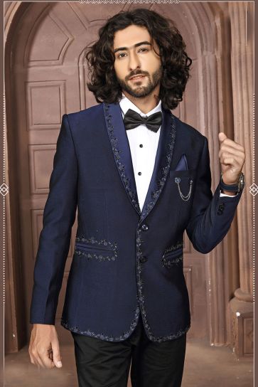 Navy Blue Color Rayon Fabric Reception Wear Jodhpuri Suit