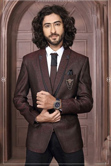 Fancy Fabric Reception Wear Jodhpuri Suit In Brown Color