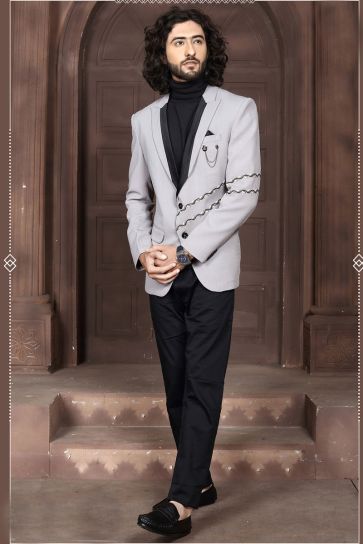 Rayon Fabric Reception Wear Jodhpuri Suit In Grey Color