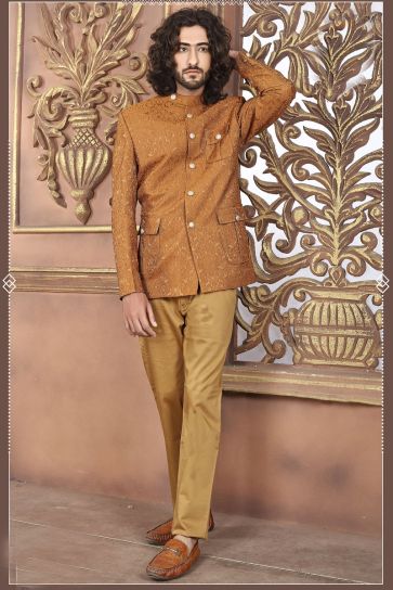 Reception Wear Mustard Color Jodhpuri Suit In Art Silk Fabric