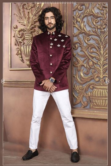Velvet Fabric Reception Wear Jodhpuri Suit In Maroon Color