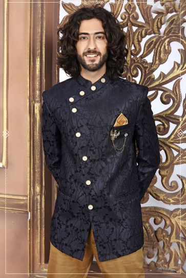 Art Silk Fabric Wedding Wear Navy Blue Jodhpuri Suit