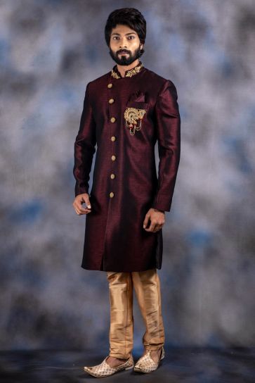 Silk Fabric Wine Color Wedding Wear Indo Western For Man