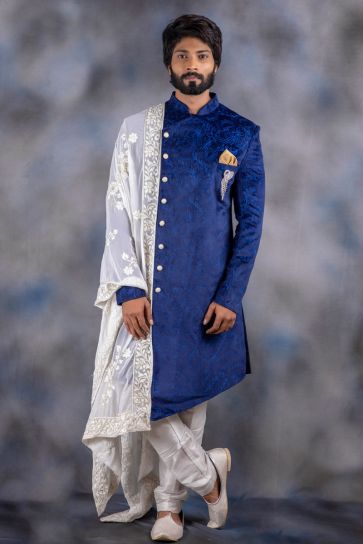 Wedding Wear Blue Color Art Silk Fabric Indo Western For Man
