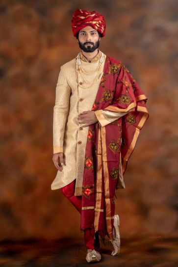 Cream Color Art Silk Fabric Wedding Wear Indo Western For Man