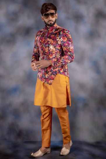 Blazing Mustard Color Indo Western For Man In Art Silk Fabric