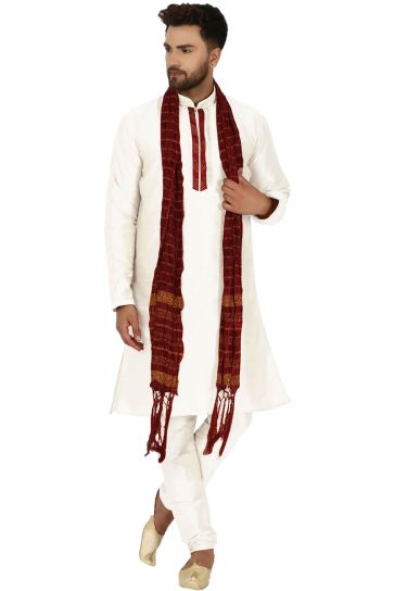 Excellent Dhupion Silk Fabric White Color Kurta Pyjama With Stole