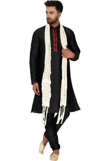 Tempting Dhupion Silk Fabric Black Color Function Wear Kurta Pyjama With Stole