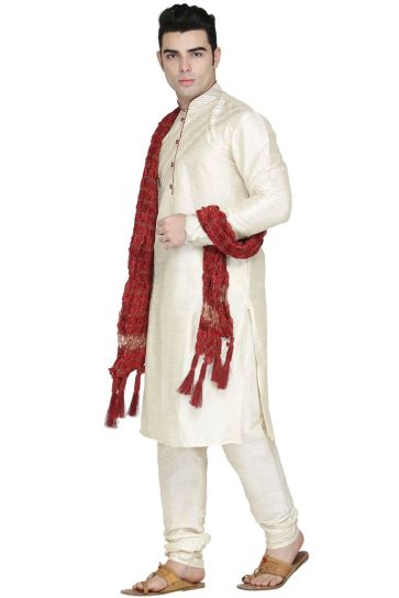 Classic Off White Color Function Wear Kurta Pyjama With Stole In Dhupion Silk Fabric