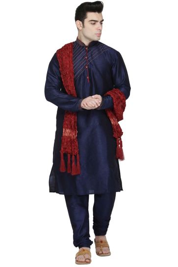 Creative Kurta Pyjama With Stole In Navy Blue Color Dhupion Silk Fabric