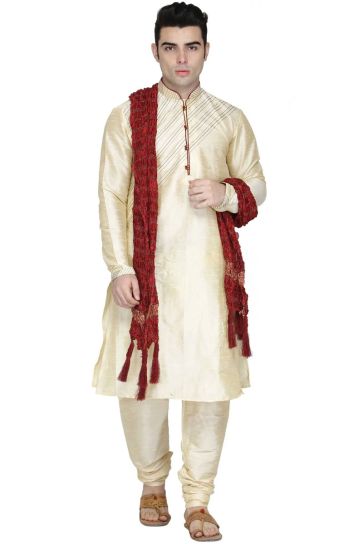 Marvelous Dhupion Silk Fabric Function Wear Kurta Pyjama With Stole In Cream Color