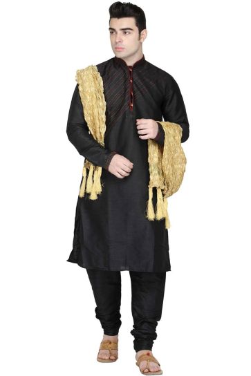 Dazzling Black Color Function Wear Kurta Pyjama With Stole In Dhupion Silk Fabric
