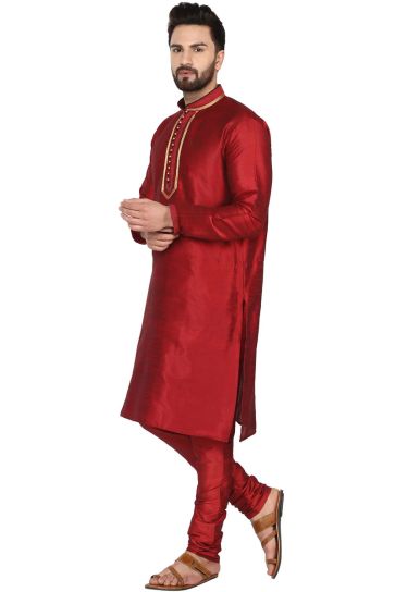 Dhupion Silk Fabric Kurta Pyjama With Stole In Maroon Color