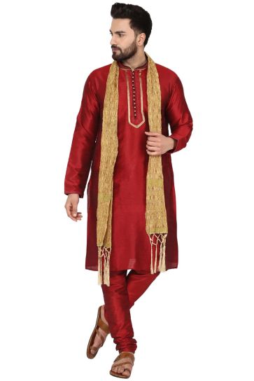 Dhupion Silk Fabric Kurta Pyjama With Stole In Maroon Color