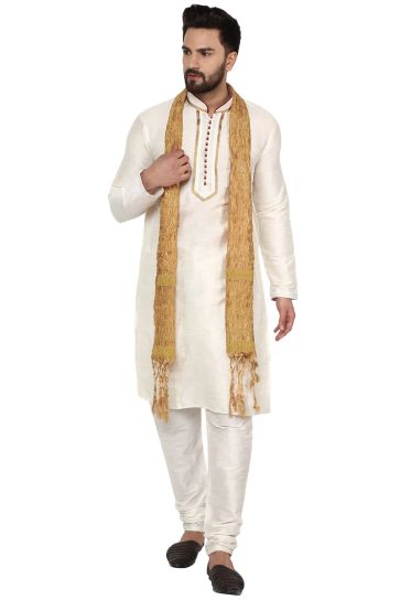 White Color Dhupion Silk Fabric Function Wear Kurta Pyjama With Stole