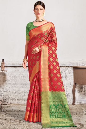 Festive Wear Art Silk Fabric Red Color Saree With Weaving Work
