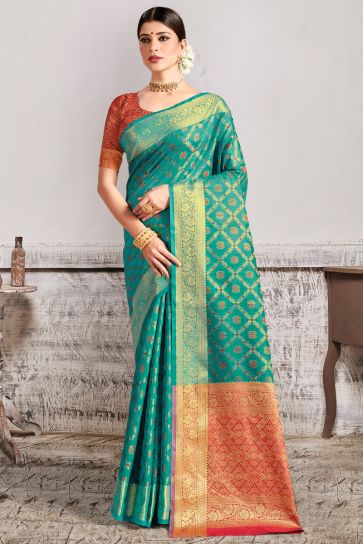 Cyan Color Festive Wear Art Silk Fabric Saree With Weaving Work