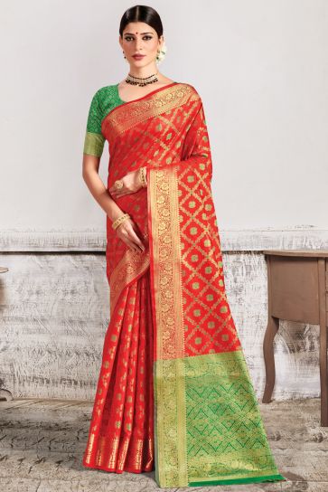 Festive Wear Art Silk Fabric Saree In Red Color