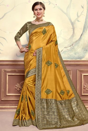 Sangeet Function Wear Mustard Color Elegant Embroidered Saree In Art Silk Fabric