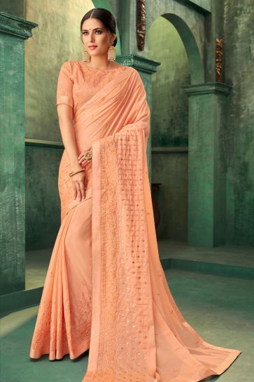 Salmon Georgette Fabric Wedding Wear Saree With Embroidery Work And Gorgeous Blouse