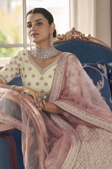 Beautiful Beige Color Art Silk Fabric Fancy Thread Embroidered Wedding Wear Lehenga Choli