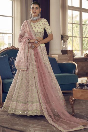 Beautiful Beige Color Art Silk Fabric Fancy Thread Embroidered Wedding Wear Lehenga Choli